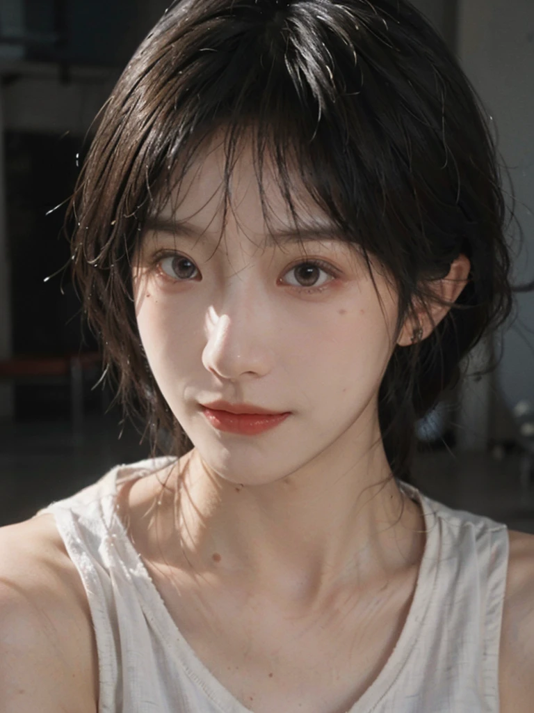 (Skin details:1.4), (smooth skin textures:1.3), Lipstick, background,海滩background， Direct vision, earrings, serene, calm, (Realistic and detailed eyes：1.2）, Natural skin texture, Realistic facial details, Soft dramatic lighting, Vivid details, 35 mm film, outdoor, (Photo Practical:1.4), (hyper Practical:1.4), (Practical:1.3), (Smoother lighting:1.05), (Improve lighting quality:0.9), (Highest quality real skin textures:1.4), Exquisite eyes, Delicate face, Close-up of face, (Enhance the beauty of skin texture:1.1), Hair details, Vest，normal body ratio, short hair, Moles under the eyes, thinking, A faint smile,公园background，Portrait Photography, Depth of Field, Bokeh, Surrealism, Ray Tracing, (Portrait Photography:1.1), Surrealism, High Detail, Chiaroscuro, Ray Tracing, reflected light, Ultra HD, Ultra HD, masterpiece, Textured Skin, Super Detail, High Detail, high quality, best quality