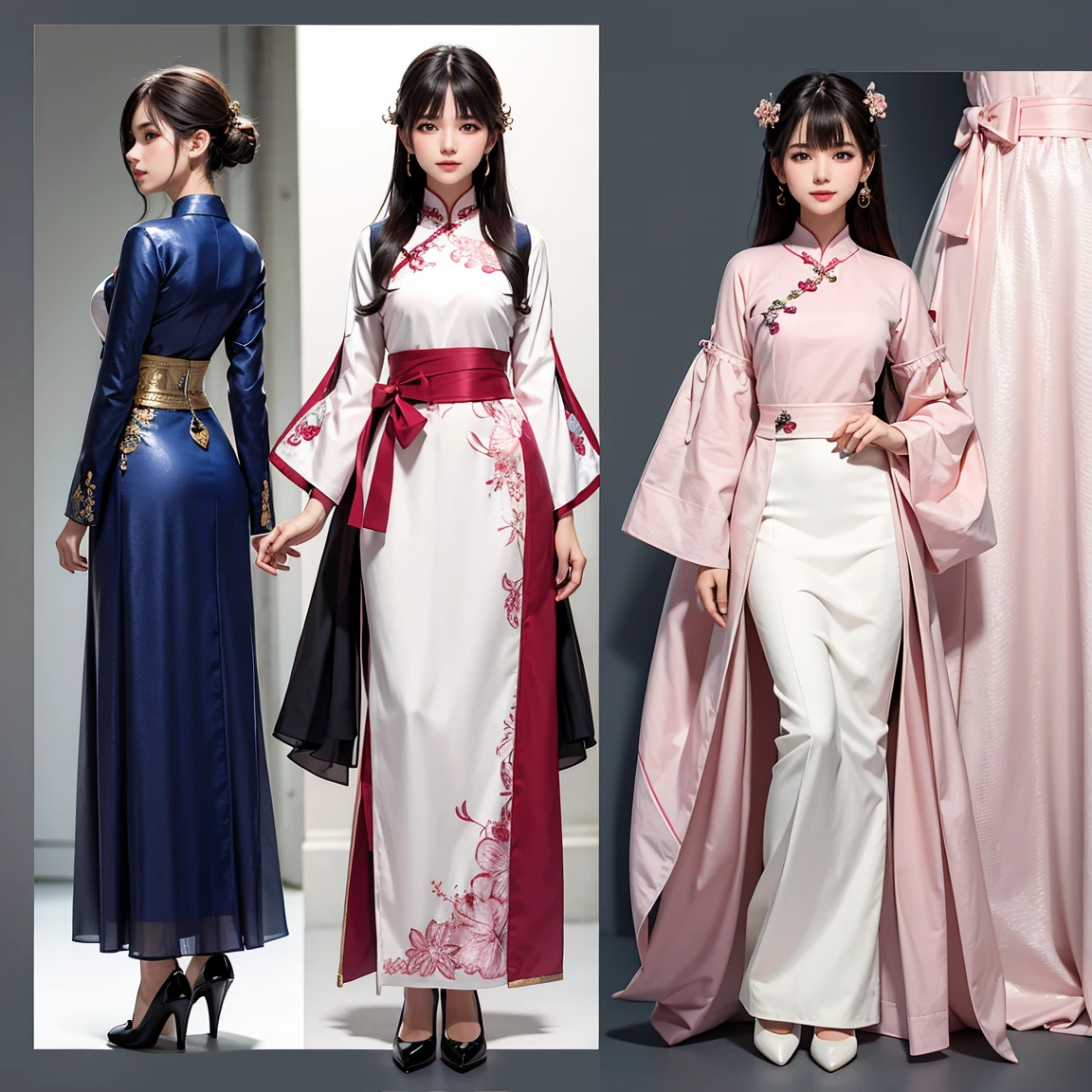(masterpiece, best quality), ultra detailed, high resolution, 16k, the most beautiful face in the world, perfect face, delicate facial features, highly detailed beautiful face and eyes, shiny skin, highly detailed background, elaborately designed, fine cloth texture, BREAK, (gorgeous and stunning age girl in ao dai:1.2), perfect make-up, deeply in love, full of elegance, (full body:1.5), (three view drawing, front and back and side, character sheet:1.3)