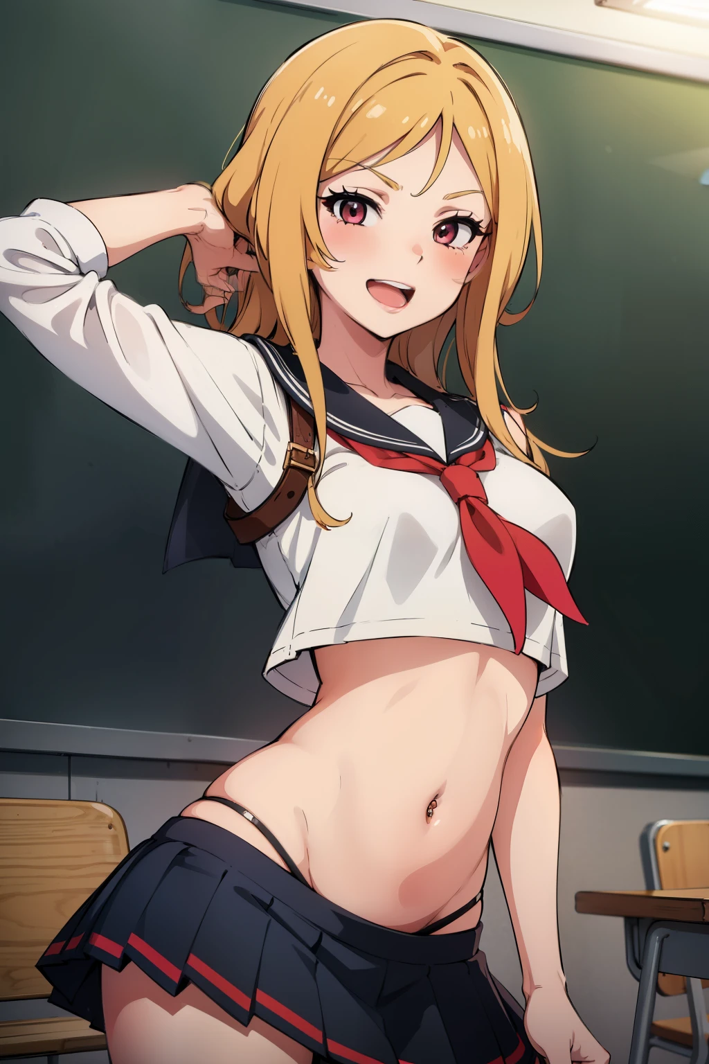 highest quality, masterpiece, High resolution, 1 girl,  (murasame　Change two things　Fleet Collection:1.15), long hair, blonde, red eyes, ribbon, smile, black sailor suit, pleated skirt, classroom background, slender body, full body figure, skirt lift, squat, (flashy underwear), ,((NSFW)),spread legs, legs up