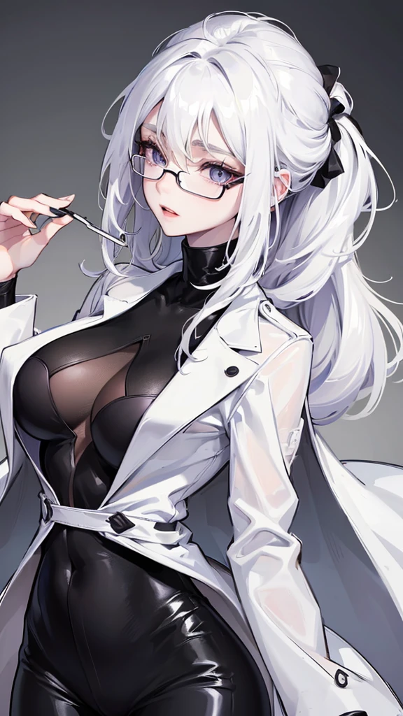 Photograph of the upper body of a beautiful woman, , [see through] ,(black pants:1.47),(Wear a white coat:1.47) (big breasts), (small waist, perfect body), Sharp focus, (tall body, mature woman), ((Looking ahead)), (Highly detailed skin, hair follicles:1.4,white skin) (Long white hair tied half-way down.,purple eyes) wear glasses, (Looks embarrassed.) ,doctor