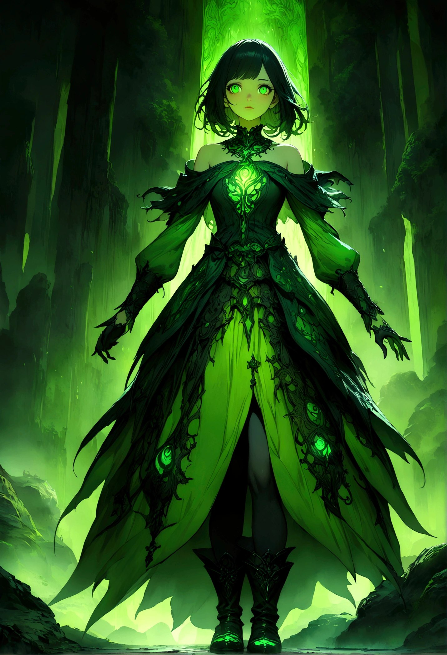 a neko girl with short green and black hair, wearing a black off-shoulder top, a green top underneath, a skirt, and boots, with a toxic green theme, detailed face and eyes, 1girl, intricate details, highly detailed, cinematic lighting, digital art, concept art, vibrant colors, atmospheric, mystical, dark fantasy