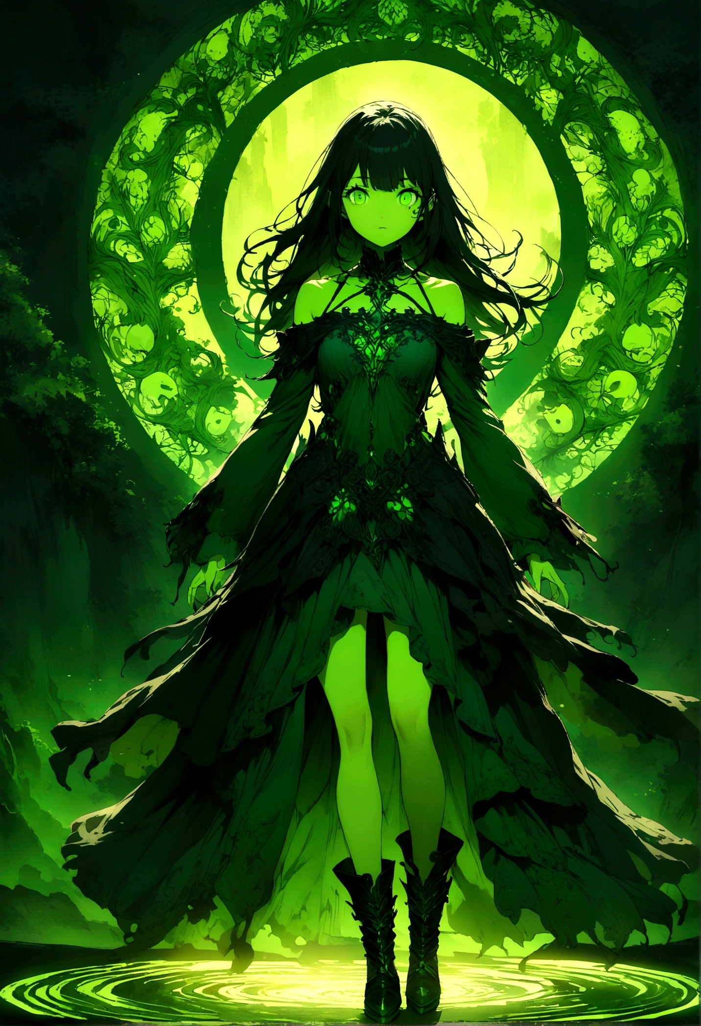 a neko girl with short green and black hair, wearing a black off-shoulder top, a green top underneath, a skirt, and boots, with a toxic green theme, detailed face and eyes, 1girl, intricate details, highly detailed, cinematic lighting, digital art, concept art, vibrant colors, atmospheric, mystical, dark fantasy