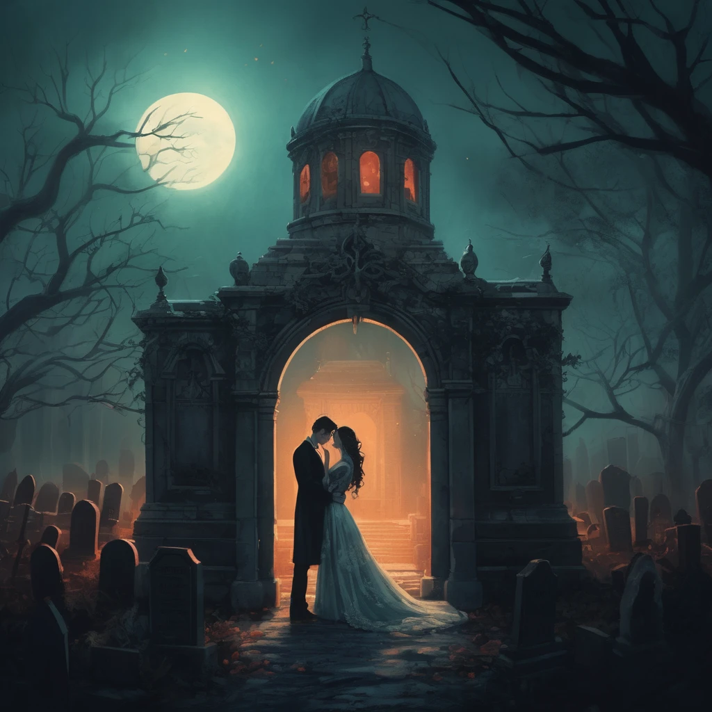 ((Primanter in maximum resolution of 16K, with the cartoon horror style inspired by Tim Burton, emphasizing a dynamic 3D perspective)). | A couple of zombie corpsed grooms are hugging in the middle of a gloomy and haunted cemetery, surrounded by a heart silhouette of translucent and transparent flames. The scene consists of clay, tombs, tombstones, a mausoleum with mosses, thorns, branches and roses, all with vivid and clean colors. The dramatic luminosity and high contrast create a chilling and engaging atmosphere. | The scenery includes details such as low fog, elongated shadows, twisted trees and crows perched on tombstones in the foreground, with a cloudy sky and a full moon in the background, bringing a sense of desolation and mystery. | Three-dimensional composition and in Dutch angle, adding a surreal touch to the scene. | The cinematographic lighting, with elements of brightness and soft lighting, highlights the details of the characters and the scenario. The effects of ray tracing and volumetric lighting accentuate depth and contrast, creating a sense of space and immersion. | The texture of the bride and groom's clothes, the decomposed skin and the empty eyes are portrayed with precision and intricate detail, while the silhouette of flames around them shines in a supernatural way. | The scene shows a moment of macabre love in a scary and beautiful environment, with the zombie bride and groom expressing a mixture of tenderness and despair. | The camera is positioned very close to them, revealing their entire bodies as they assume a dynamic-pose, interacting with and leaning against a structure in the scene in an exciting way. | (((They take a dynamic-pose as they interact, boldly leaning on a structure, leaning back in an exciting way))). | ((((full body image)))), ((perfect pose, perfect anatomy, perfect body)), ((better hands, perfect fingers, perfect legs, perfect hands)), ((perfect composition, perfect design, perfect layout, perfect detail))