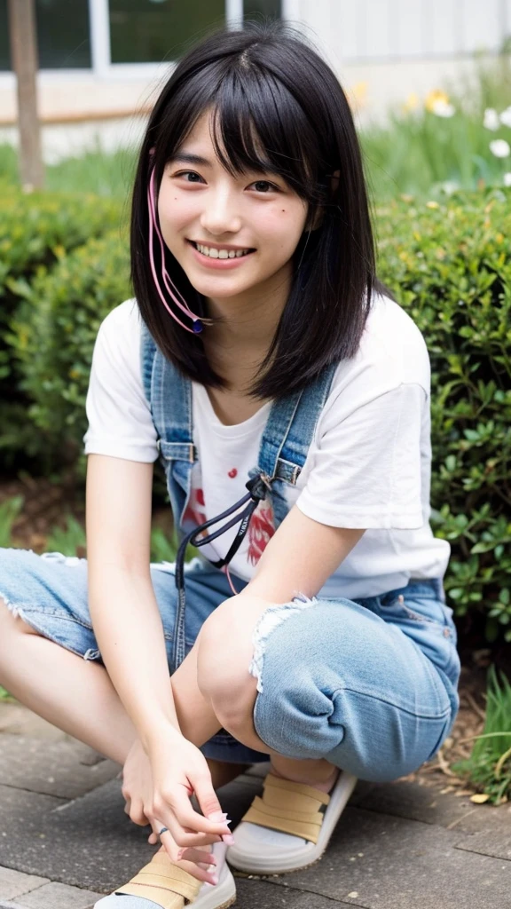 20 year old Japanese woman Short black hair smile headphone garden