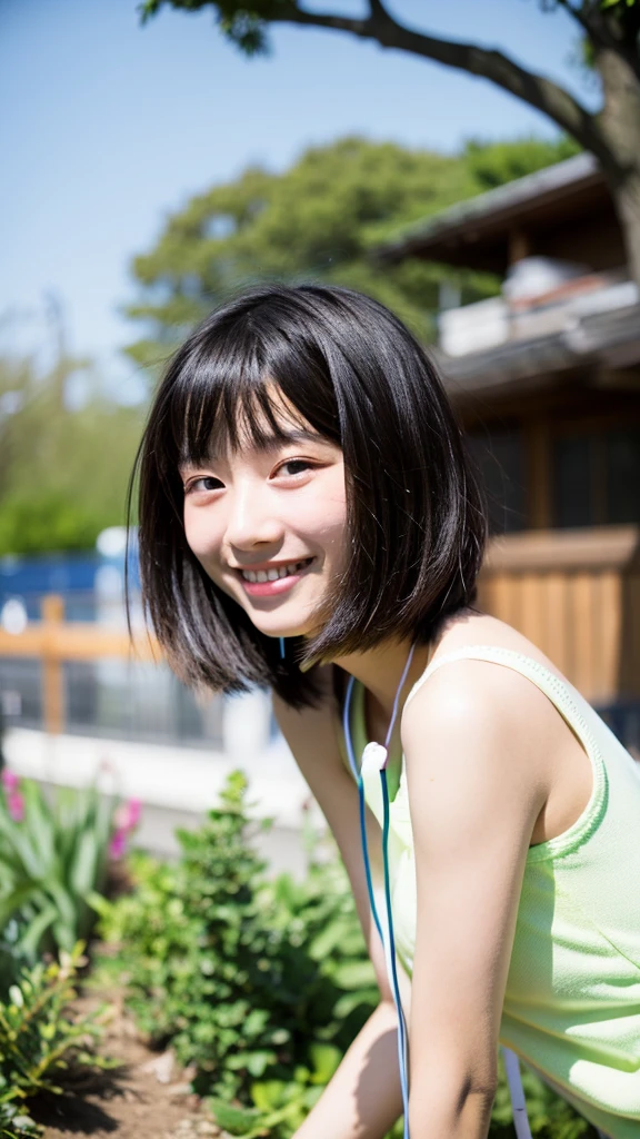 20 year old Japanese woman Short black hair smile headphone garden