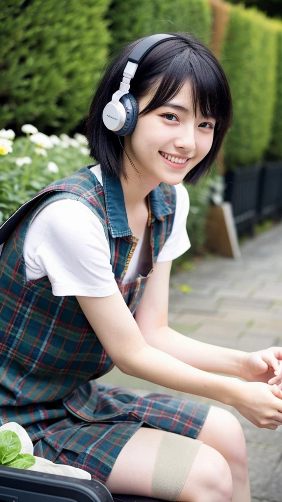 20 year old Japanese woman Short black hair smile headphone garden