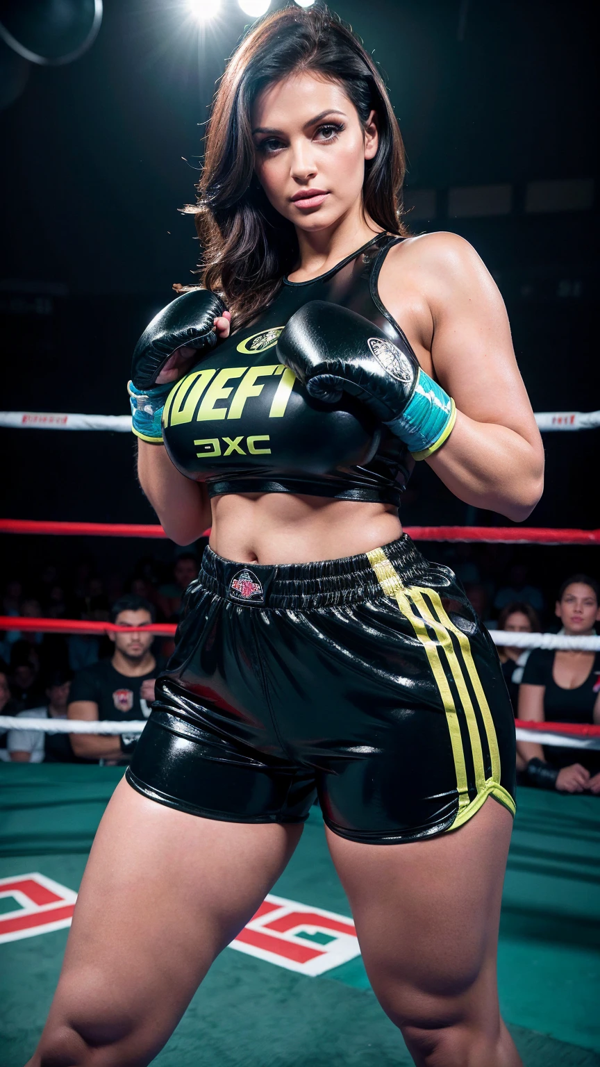 Curvy DeniseMilani, beautiful supermodel face, thicc, thick thighs, boxer, short boxing shorts, green eyes, (jet black hair), aggressive intimidating pose, glossy boxing shorts, professional boxing costume,