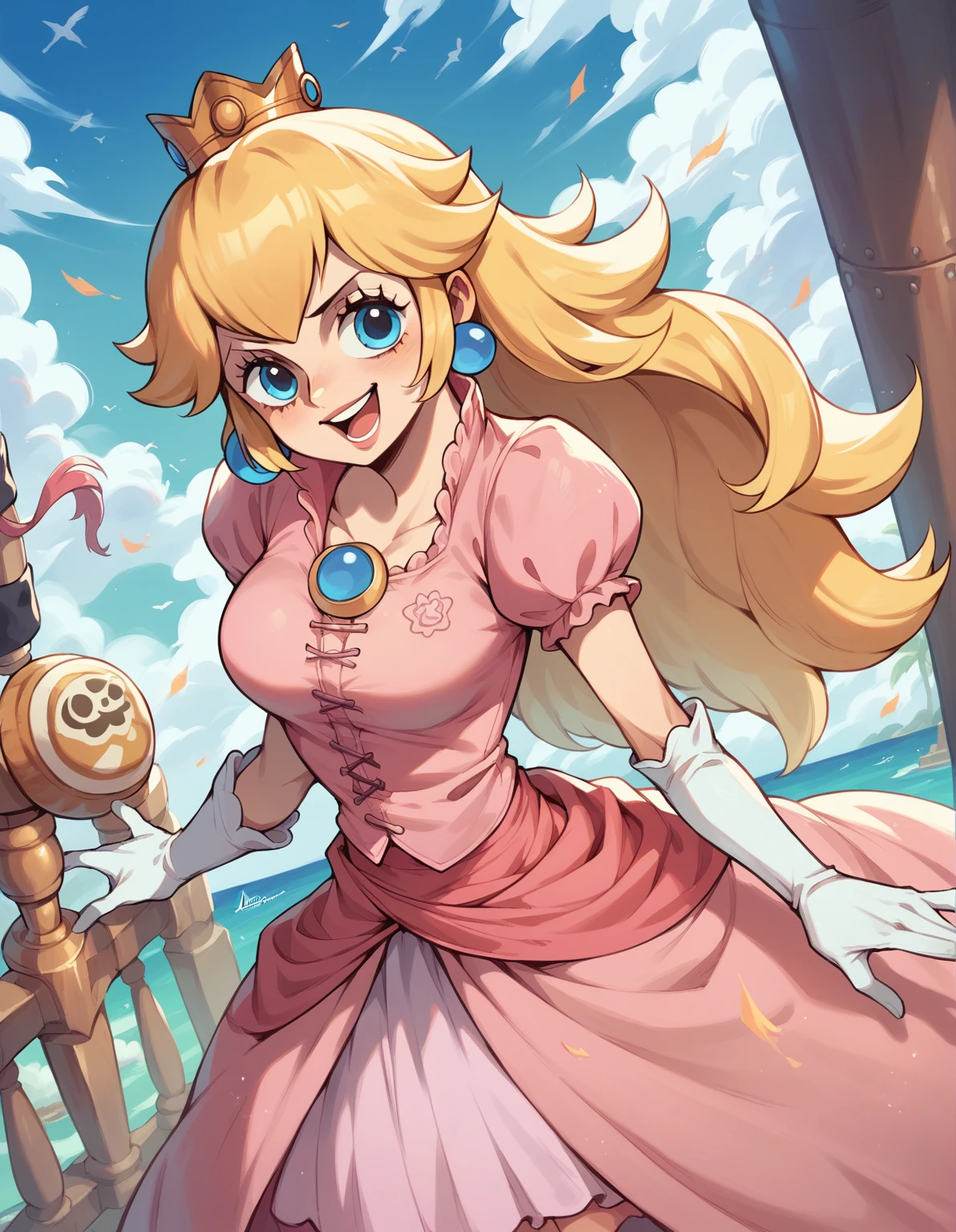 Imagine Princess Peach dressed as a pirate if she were a pirate from the anime One Piece