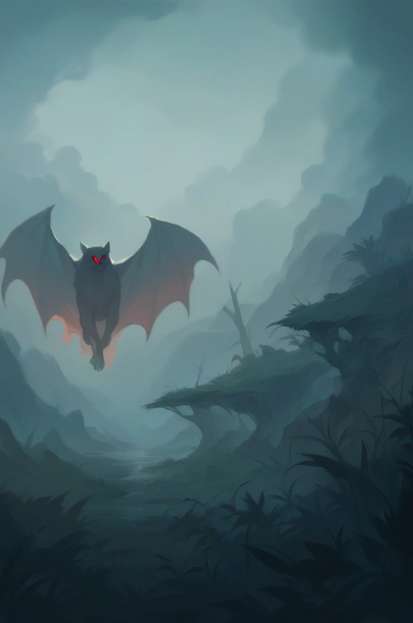 Dark creatures in the misty sky, with red eyes.