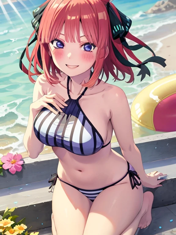 best quality, insanely detailed, nino nakano, breasts, smile, swimsuit, halterneck, striped, flower print