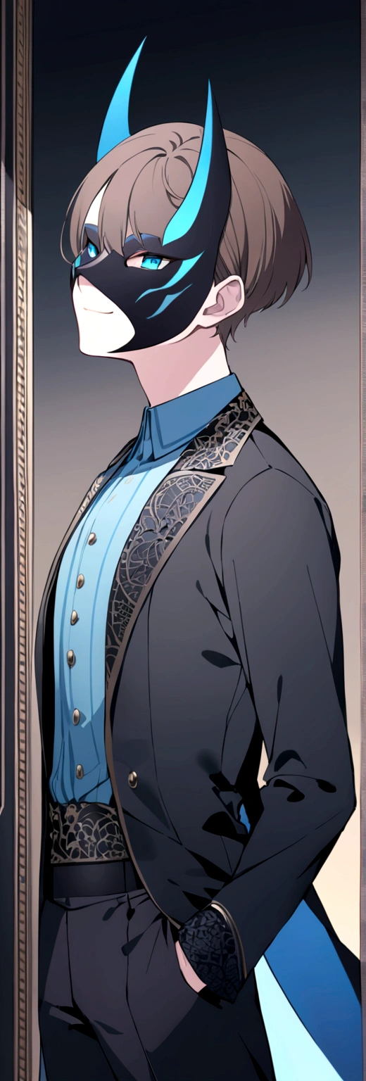 (man in half smile mask on the left side )(blue color)(blue eyes) brown hair)(blue horns)(Dressed in black)(Short haired)(alone)
