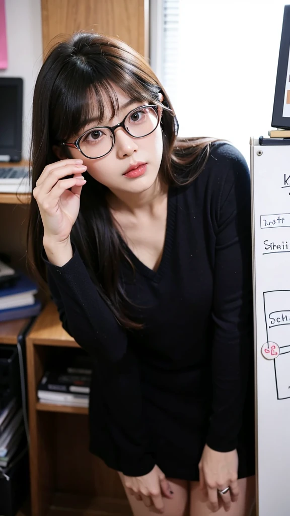 A woman with glasses stands in a room with a whiteboard., Straightforward shoot, photograph ( far _ shoot ), photograph [ far ], Straightforward portrait, Shiho, Kim Hyun Joo, gongbi, Straightforward, Li Zixin, Junki It, Nanae Kawahara, Kazue Kato, student, thinking, Makoto, People in the foreground, complicated!!