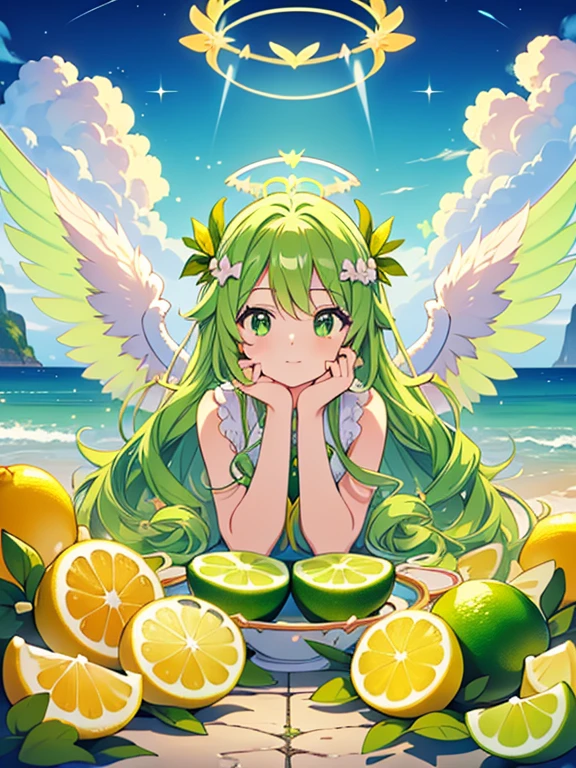 ((Highest quality)), ((masterpiece)), (detailed), Perfect Face, Perfect Arms, anime, Ultra-fine illustration, lemonlimesty, Lemons and limes, ((1 person)), Cute angel, (Halo, Big Wings:1.3), Long wavy hair, ((heaven)),