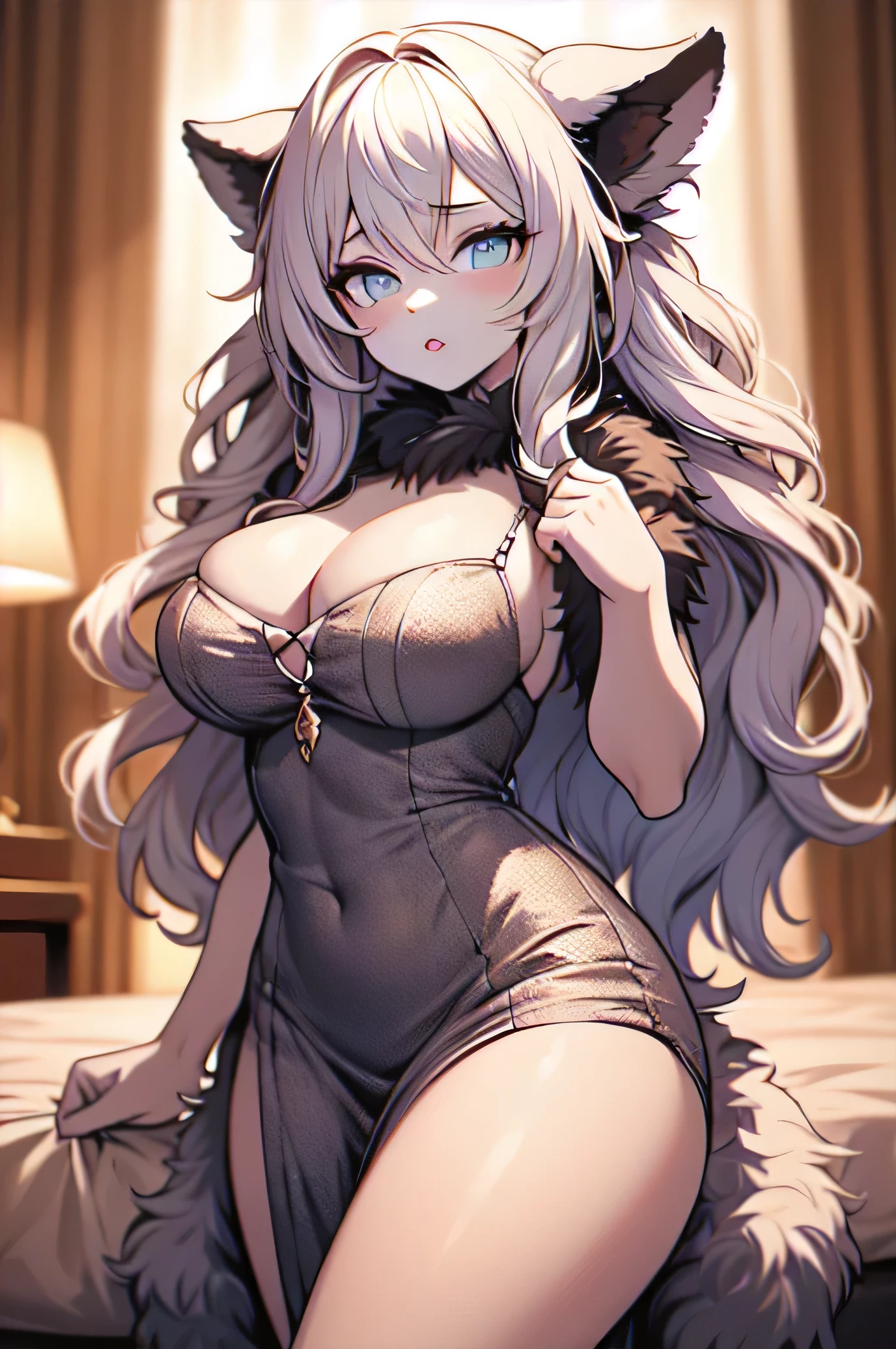 hairy, fur, two-toned fur, detail, Large Breasts,
Ruffle dress,cleveage,Sexy pose