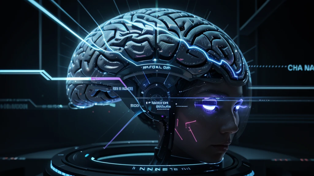 A detailed illustration of a human brain with a small, high-tech chip implanted into it. The brain's neural pathways are illuminated with glowing lines, connecting to the chip. In front of the brain, a transparent holographic screen displays intricate stock market charts, numerical data, and analytical graphs. The brain appears highly focused, with digital signals emanating from the chip, indicating rapid data processing. The background features a sleek, futuristic setting with more holographic displays and high-tech equipment, creating an atmosphere of advanced technology and intense intellectual activity