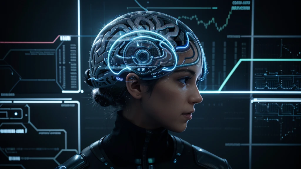 A detailed illustration of a human brain with a small, high-tech chip implanted into it. The brain's neural pathways are illuminated with glowing lines, connecting to the chip. In front of the brain, a transparent holographic screen displays intricate stock market charts, numerical data, and analytical graphs. The brain appears highly focused, with digital signals emanating from the chip, indicating rapid data processing. The background features a sleek, futuristic setting with more holographic displays and high-tech equipment, creating an atmosphere of advanced technology and intense intellectual activity