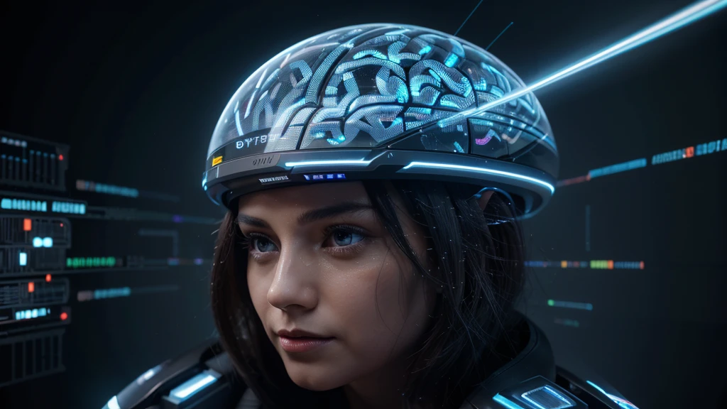 A detailed illustration of a human brain with a small, high-tech chip implanted into it. The brain's neural pathways are illuminated with glowing lines, connecting to the chip. In front of the brain, a transparent holographic screen displays intricate stock market charts, numerical data, and analytical graphs. The brain appears highly focused, with digital signals emanating from the chip, indicating rapid data processing. The background features a sleek, futuristic setting with more holographic displays and high-tech equipment, creating an atmosphere of advanced technology and intense intellectual activity