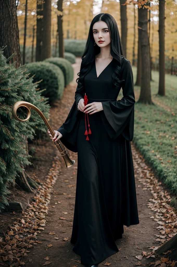 young woman with pale skin, long jet black hair and red eyes wearing form-fitting, long-sleeved gowns, with bell sleeves and a trailing trumpet hem that add a witchy flourish to the vibes
