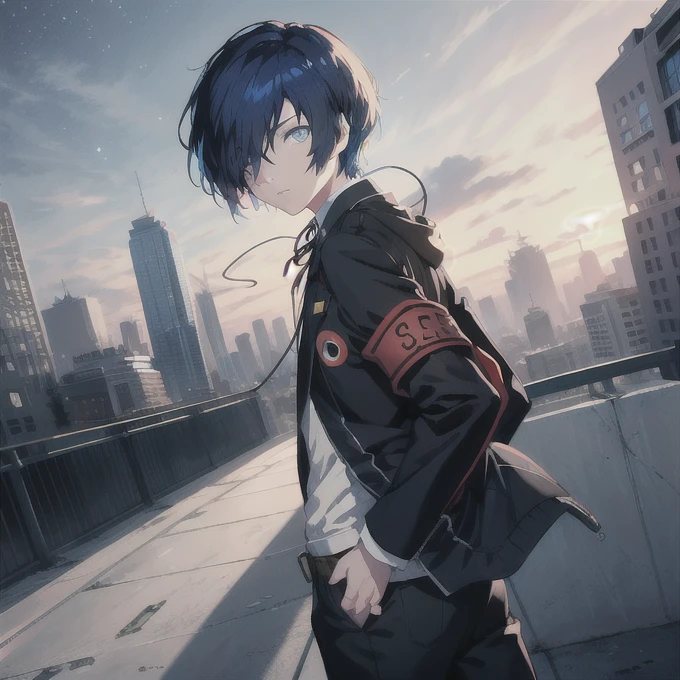 yuki makoto, Hair on one eye, Headphones, , Jacket, ribbon, Armband, Digital Media Player, Blue Hair, Blue Eyed Masterpiece, Highest quality, Absurd, skyscraper, night, Expressionless, rooftop, Put your hands in your pockets