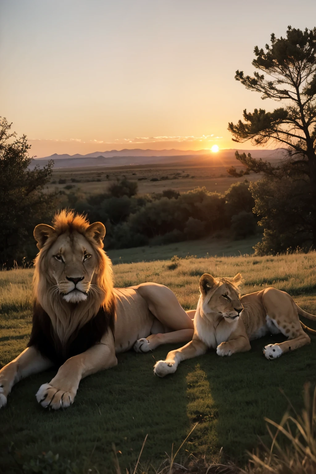 family lions at sunset