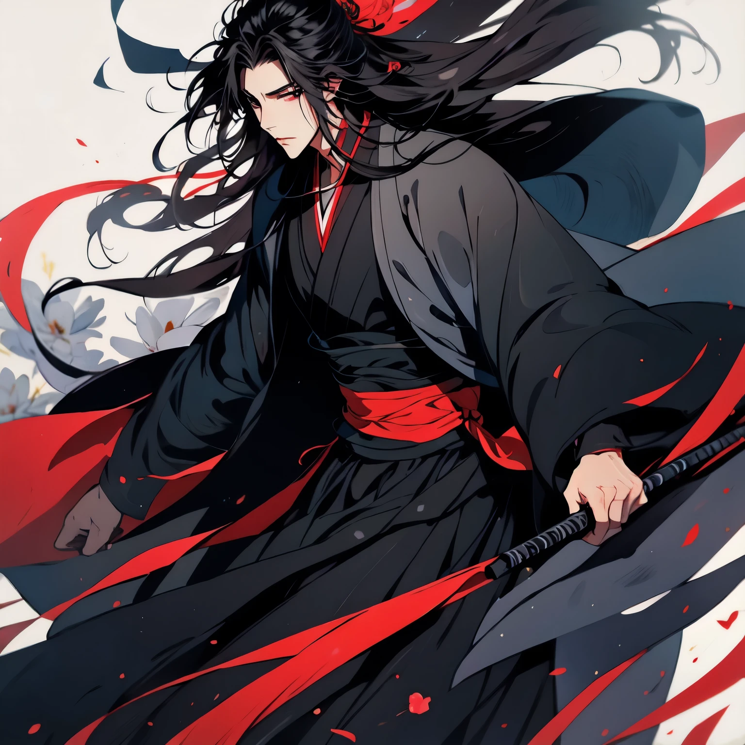 (masterpiece, best quality:1.2), 1male, solo, wei wuxian, mo dao zu shi, mdzs, black clothes, grey eyes, long black hair, perfect anatomy, full body, Acacia flowers