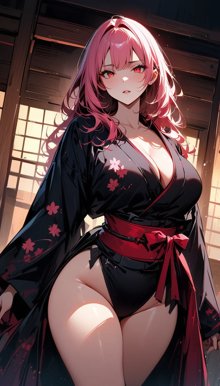 (high quality, 8k, 4K, high contrast, artwork:1.2, high quality, best aesthetics), (dynamic angle), ((1 woman)), erotic, sensual, mature body, super detailed, beautiful face detailed, beautiful eyes detailed, detailed beautiful mouth, sexy body, perfect breats, perfect wide thighs, (long messy pink hair), (red eyes), (serious facial expression), (wearing a long black kimono with sakuras printed on the kimono), (thighs exposed), (standing), (looking at the viewer), (centered), (inside a traditional Japanese room)