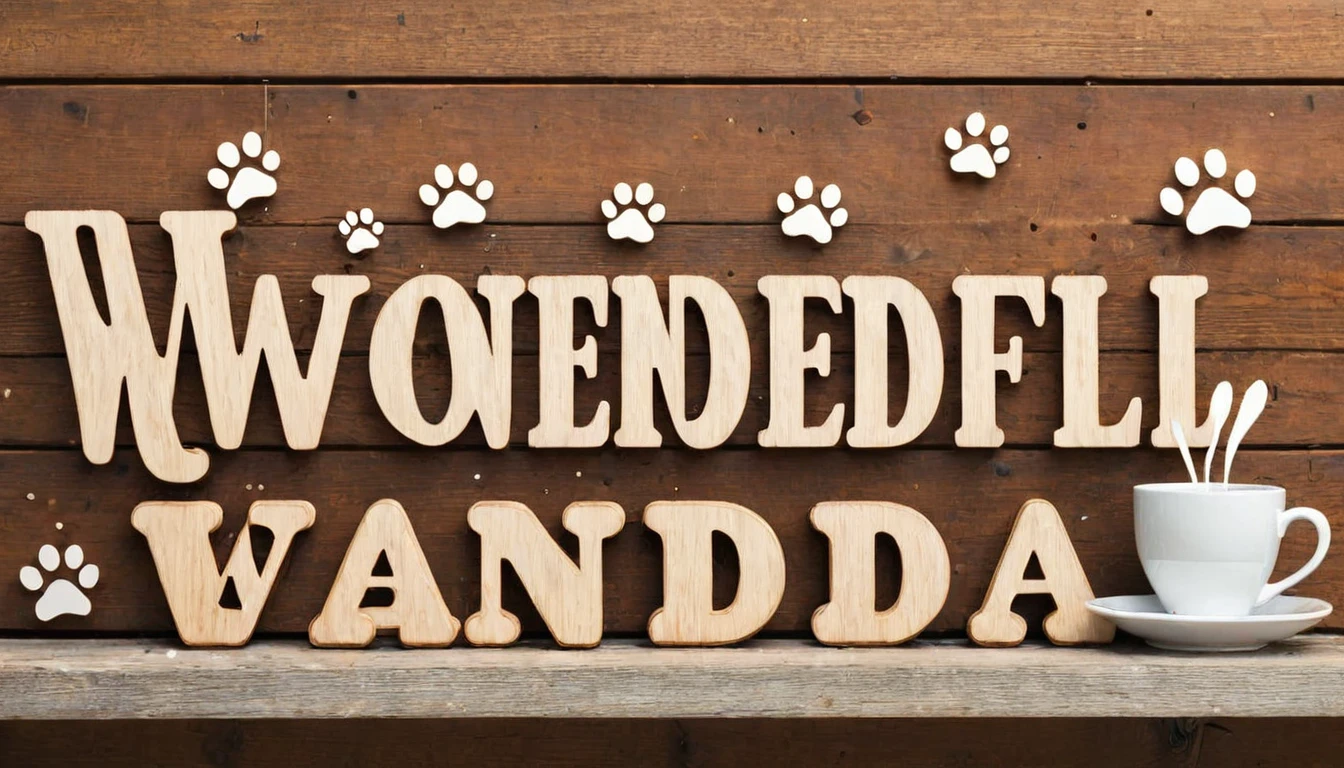 A wooden sign with the text 'Wonderful Wanda' prominently displayed in large, clear, playful letters. The words should be easily readable and the focal point of the image. Several cute dog paw prints are scattered around the text on the sign. The background suggests a cozy cafe atmosphere with warm, soft colors."
To further increase the chances of the text appearing correctly, you could try these additional strategies