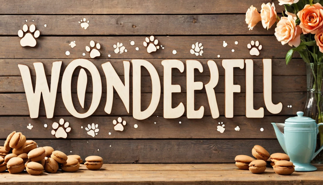 A wooden sign with the text 'Wonderful Wanda' prominently displayed in large, clear, playful letters. The words should be easily readable and the focal point of the image. Several cute dog paw prints are scattered around the text on the sign. The background suggests a cozy cafe atmosphere with warm, soft colors."
To further increase the chances of the text appearing correctly, you could try these additional strategies