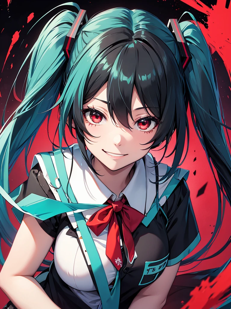 hatsune miku, black hair, red eyes, smiling, school wear, soaked in blood, yandere, big tits