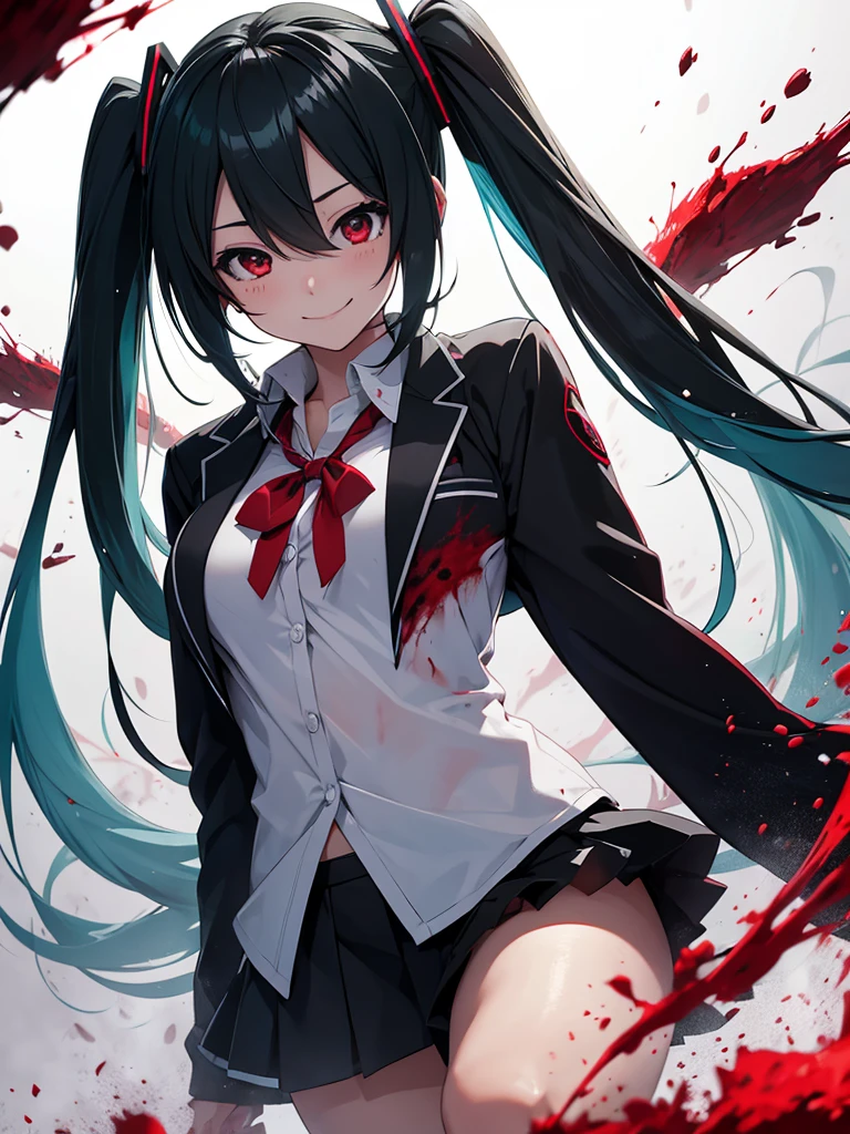 hatsune miku, black hair, red eyes, smiling, school wear, soaked in blood, yandere, big tits