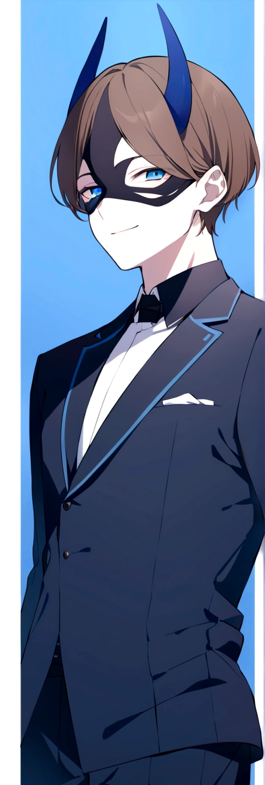 (man in half smile mask on the left side )(blue color)(blue eyes) brown hair)(blue horns)(Dressed in black)(Short haired)(alone)