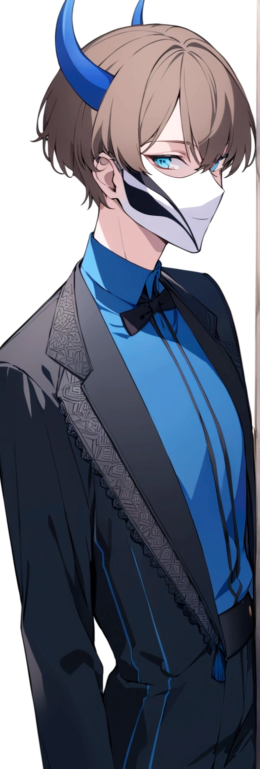 (man in half smile mask on the left side )(blue color)(blue eyes) brown hair)(blue horns)(Dressed in black)(Short haired)(alone)