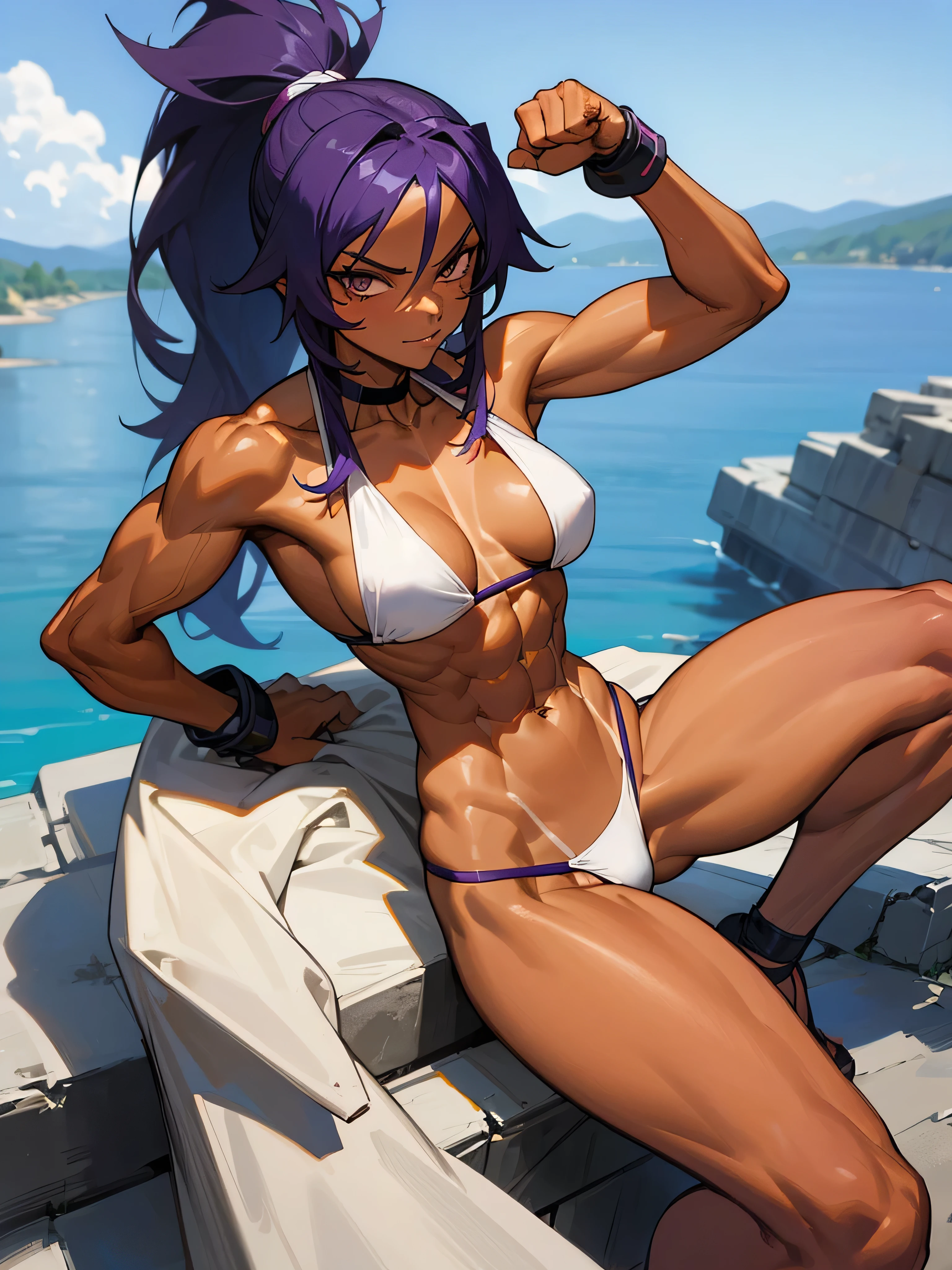 18 year old Yoruichi Shihöin from Bleach with tanned skin in a highlighter purple thong bikini flexing her muscles in a fromt double bicep pose to pridefully show off her rock hard abs and sitting on her heels on a mountain ledge, highly detailed