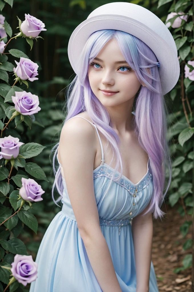 Manga screenshot,a beautiful and young girl with white hair that fades from the shoulders to pink, violet and light blue at the tips,with hair down and long to her ankles,It is straight but wavy at the ends,Snow white skin,sharp but innocent eyes at the same time, one eye red like ruby and the other blue like aquamarine, dressed in a dress cut to the knees,white and half violet,with a white rose hat with a light blue ribbon and a blue rose ,in a beautiful forest with colorful butterflies and beautiful flowers,he is looking towards the camera smiling