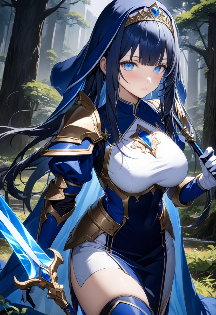 Highest quality、unity 8k wallpaper、32k、masterpiece、Very detailed、Ultra-high resolution、Very detailedな顔, RAW Photos, Professional, Ultra-fine painting、Midnight blue long straight hair、Platinum tiara with blue gemstones、Blue Nun Cape、blue eyes、(Tree Eyes), Cool and sharp features, hime cut, 20～A female magical warrior, about 24 years old.、White and gold breastplate、Blue and white leotard、(((Blue and white gold-embellished long pencil skirt with side armor and long slits)))、Half puff sleeves with shoulder pads、A large white ribbon with a large sapphire on the chest、White and blue long gloves、(((White and blue thigh-high stiletto boots:1.0)))、whole body、He has a spear with a glowing blue blade,