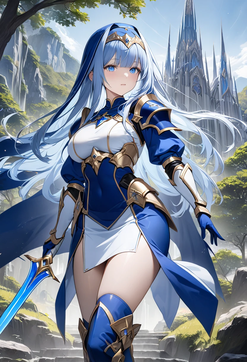 Highest quality、unity 8k wallpaper、32k、masterpiece、Very detailed、Ultra-high resolution、Very detailedな顔, RAW Photos, Professional, Ultra-fine painting、Midnight blue long straight hair、Platinum tiara with blue gemstones、Blue Nun Cape、blue eyes、(Tree Eyes), Cool and sharp features, hime cut, 20～A female magical warrior, about 24 years old.、White and gold breastplate、Blue and white leotard、(((Blue and white gold-embellished long pencil skirt with side armor and long slits)))、Half puff sleeves with shoulder pads、A large white ribbon with a large sapphire on the chest、White and blue long gloves、(((White and blue thigh-high stiletto boots:1.0)))、whole body、He has a spear with a glowing blue blade,