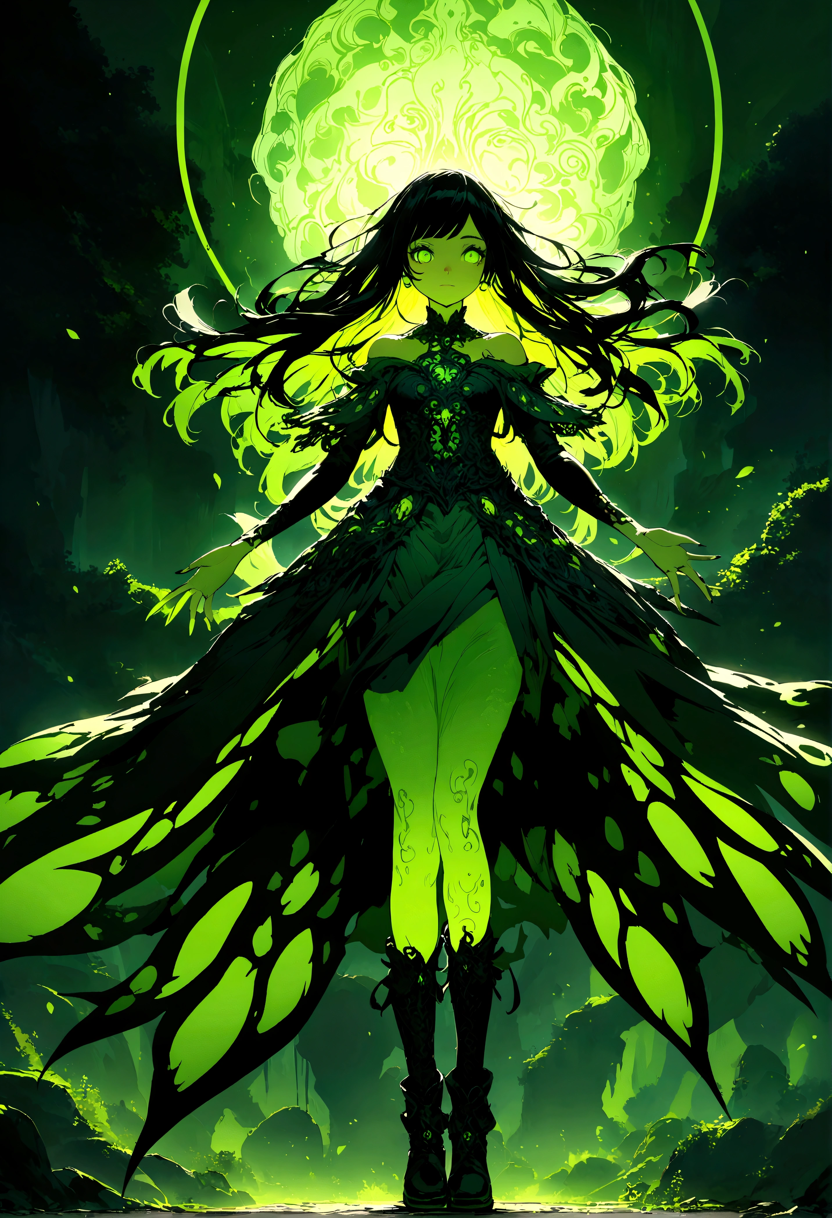 a neko girl with short green and black hair, wearing a black off-shoulder top, a green top underneath, a skirt, and boots, with a toxic green theme, detailed face and eyes, 1girl, intricate details, highly detailed, cinematic lighting, digital art, concept art, vibrant colors, atmospheric, mystical, dark fantasy