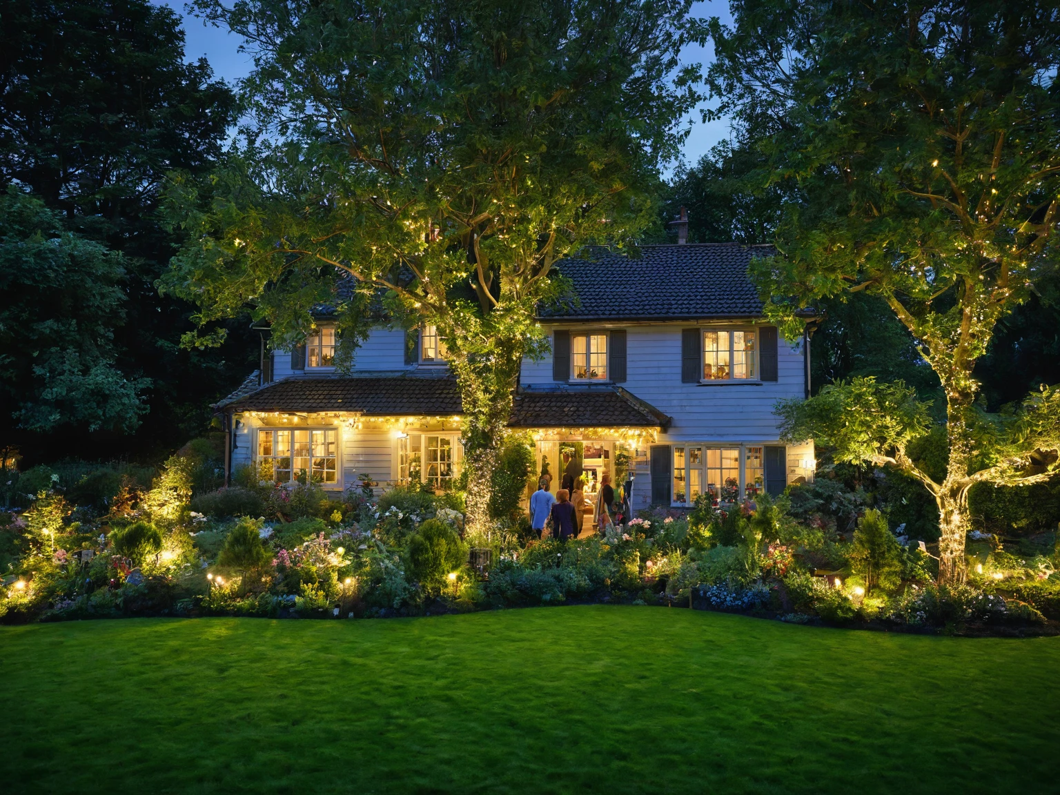 house, evening, lights, surrounding trees, reality, people, garden