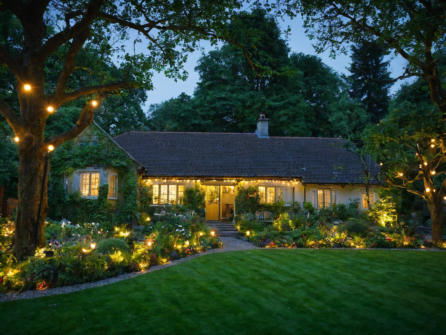 house, evening, lights, surrounding trees, reality, people, garden