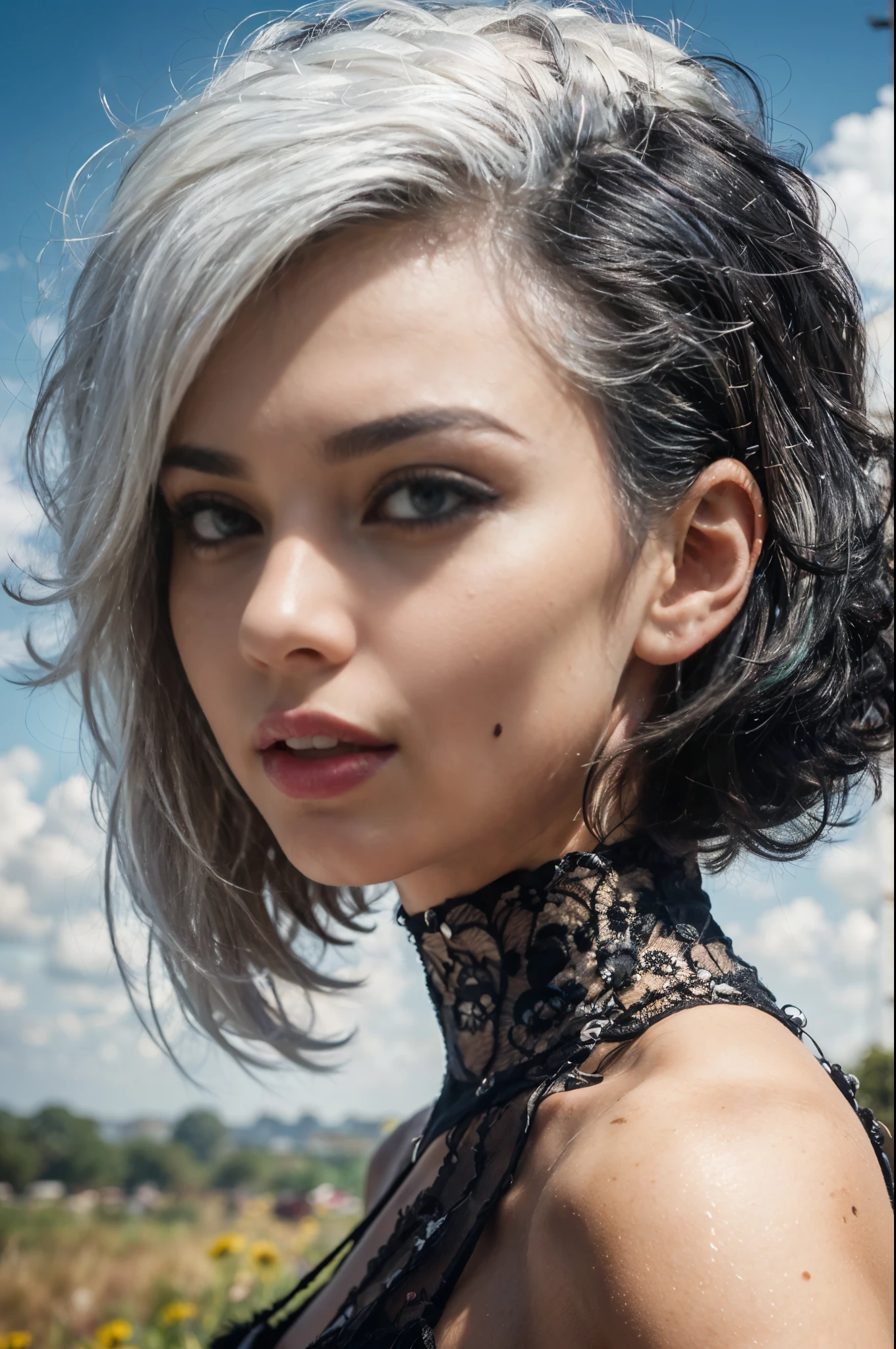 A portrait of a beautiful naked girl with ((white hair:1.28) with (black hair face-framing highlights:1.31), (partial highlights hairstyle:1.4), extreme detailed hair), beautiful detailed eyes, beautiful detailed lips, extremely detailed face, long eyelashes, slim body, expose sagging breast, standing on the grass field, warm ambient, intricate details, cinematic composition, highly detailed, photorealistic, digital art, vibrant colors, natural lighting, ethereal, skyview background, seen from forward, photon mapping