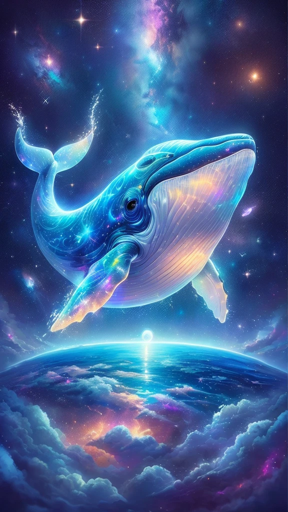 painting of a whale flying over the earth with a star in the background, space magical whale, galaxy whale, space whale, glimmering whale, Just a joke, Inspired by Cyril Rolland, Beeple and Jeremiah Kettner, flying whale, sky whales, whale, cyborg whale, Cyril Rolland style, Justin Gerard, flying whale,Big kind eyes,Iridescent body