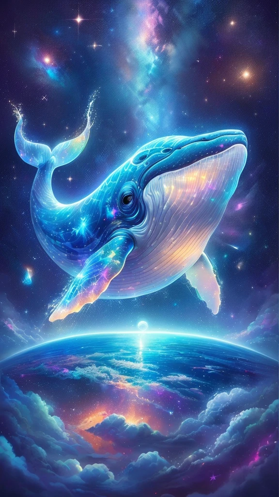 painting of a whale flying over the earth with a star in the background, space magical whale, galaxy whale, space whale, glimmering whale, Just a joke, Inspired by Cyril Rolland, Beeple and Jeremiah Kettner, flying whale, sky whales, whale, cyborg whale, Cyril Rolland style, Justin Gerard, flying whale,Big kind eyes,Iridescent body