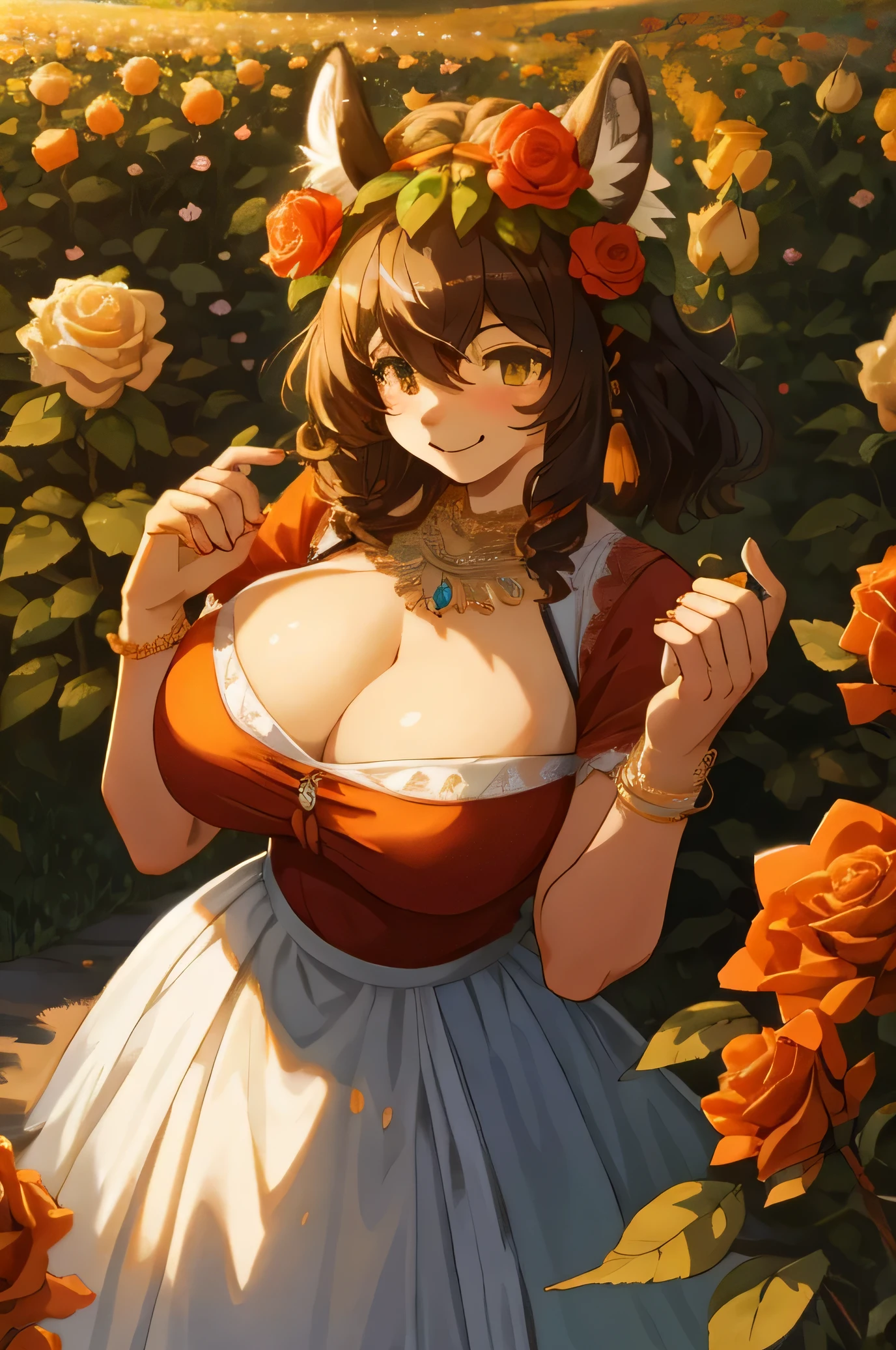 watercolor, high resolution, Top quality, best quality, Paid rewards available, High quality illustrations, An unrivalled masterpiece, Perfect work of art, absurd, 1 Girl, Beast field, hairy, Delicate body hair, Animal Face, Animal hands, Ancient smile, Hands holding a bunch of orange roses, At chest height, She wears a simple ring on her left ring finger, Orange roses spread aimlessly, Fan creations shared on Pixiv or other platforms ,Extra large breasts，garden