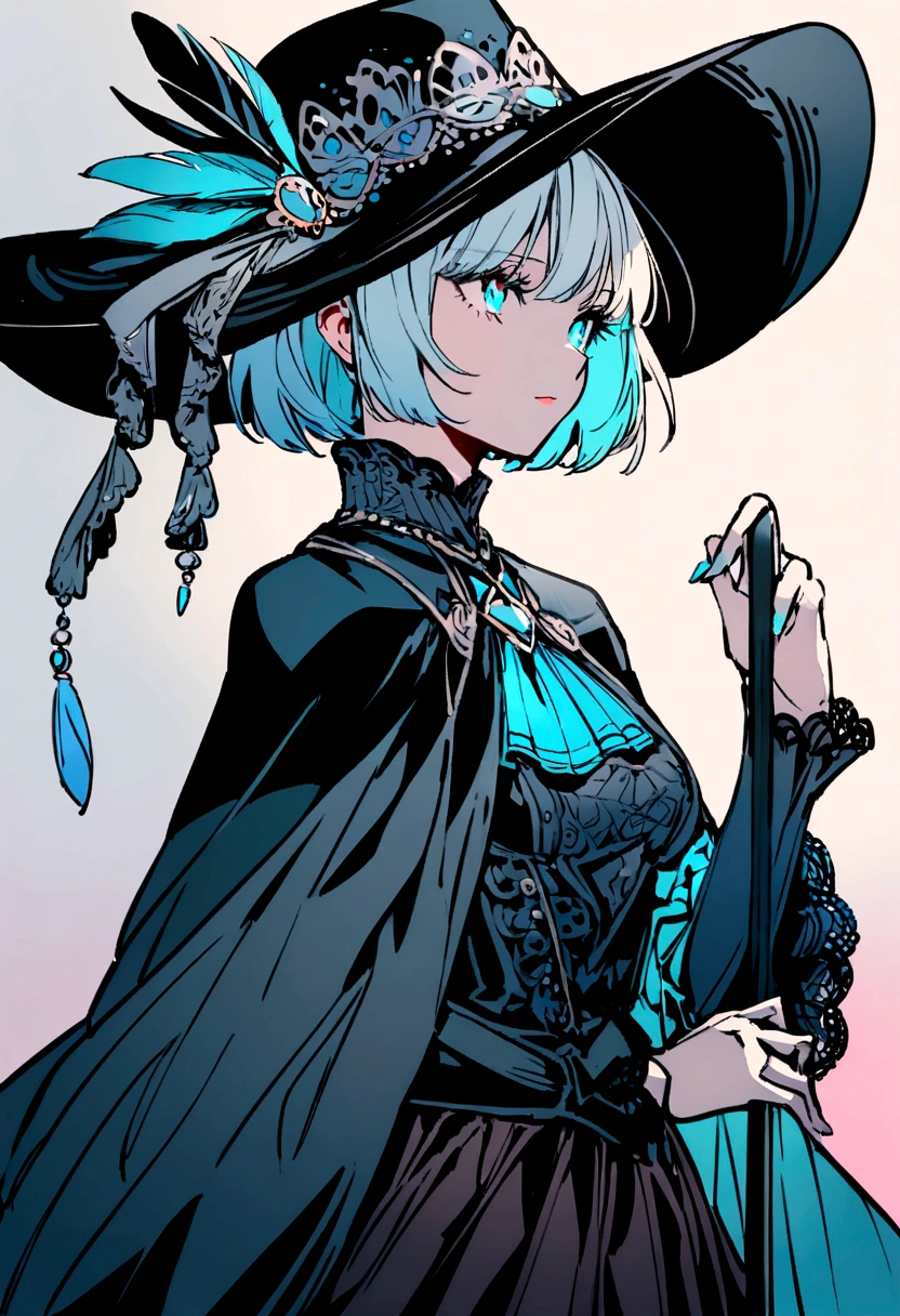 Girl,short hair,cavalier hat with a feather,black capelet,holding a cane