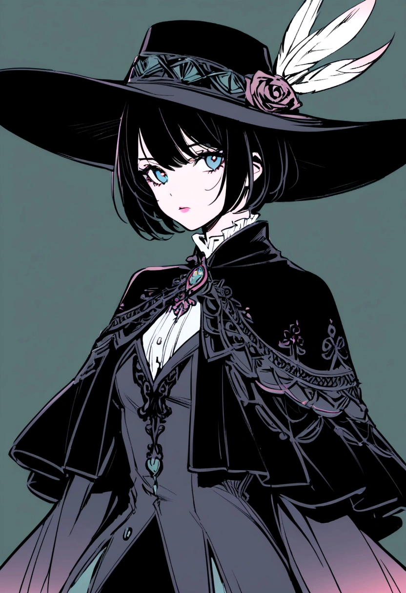 Girl,short hair,cavalier hat with a feather,black capelet,holding a cane