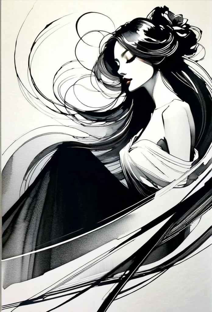 Elegant maiden,black and whiteink画,pen sketch drawing,Loose brushstrokes,Pen outlines delicate lines,flowing action,Subtle ink tones,elegant posture,A peaceful expression,Delicate facial features,ink,Smudge,black and white,clean