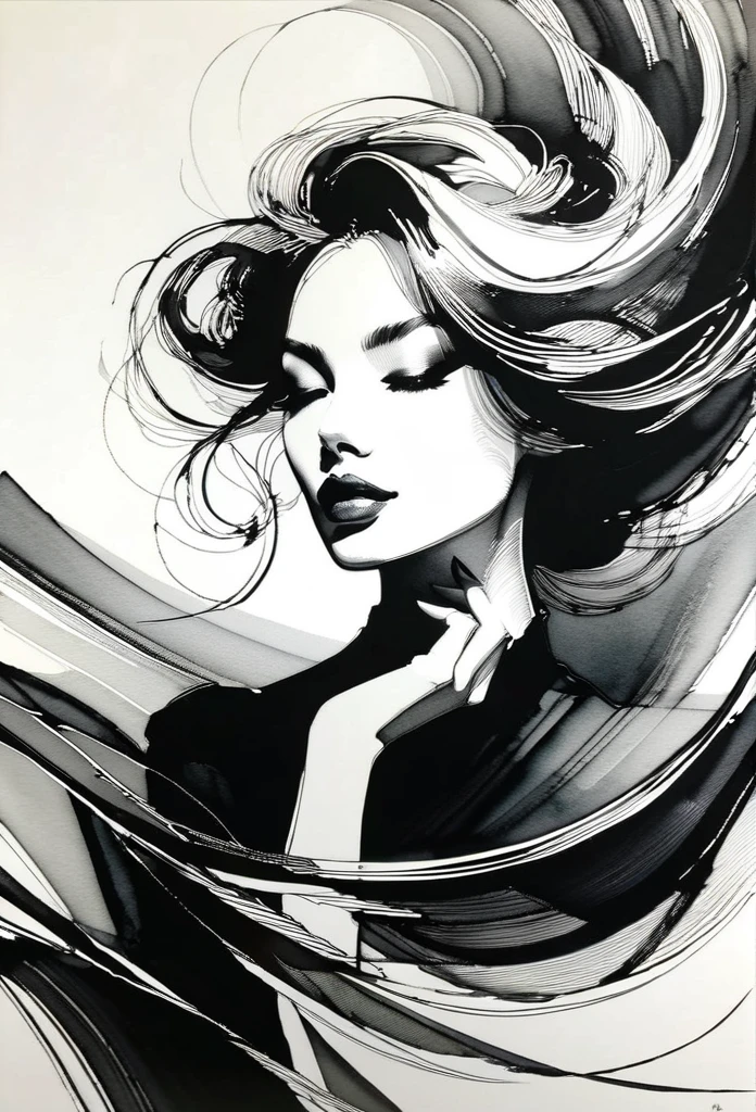 Elegant maiden，black and whiteink画，pen sketch drawing，Loose brushstrokes，Pen outlines delicate lines，flowing action，Subtle ink tones，elegant posture，A peaceful expression，Delicate facial features，ink，Smudge，black and white，clean