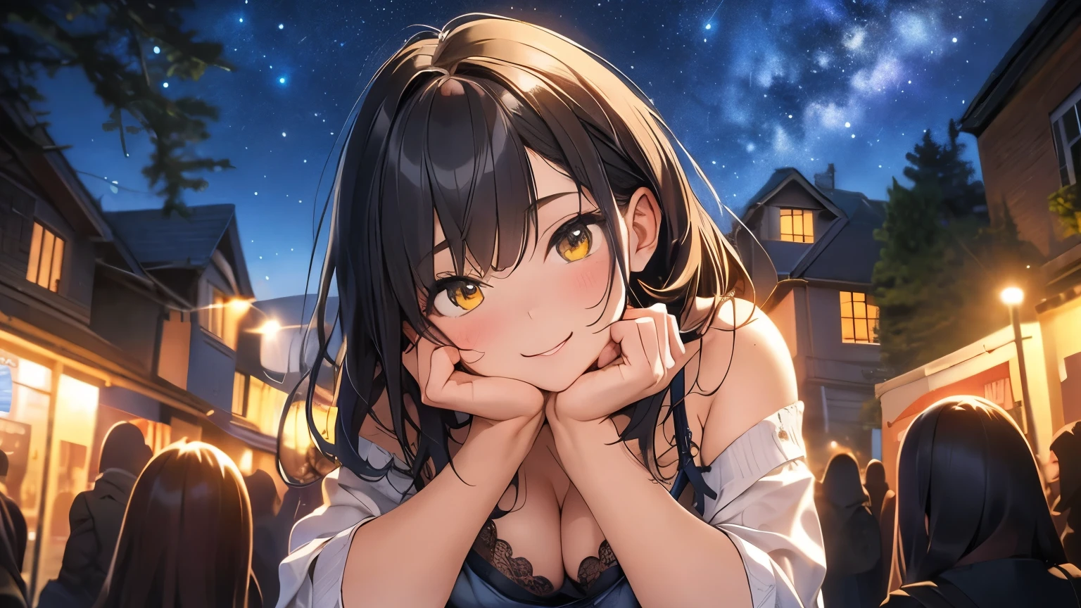 Huge wolves huddled together、Detailed depiction of bulges and wrinkles in ultra-thin underwear, (masterpiece), (Highest quality), One girl, (Perfect Face:1.2), (Beautiful Face:1.2), Black Hair, (From below), Happy, A light smile, View your viewers, Sexy pose, See-through, Outdoor idnight, Night Sky, milky way), Complex, Depth of written boundary, Cinema Lighting,