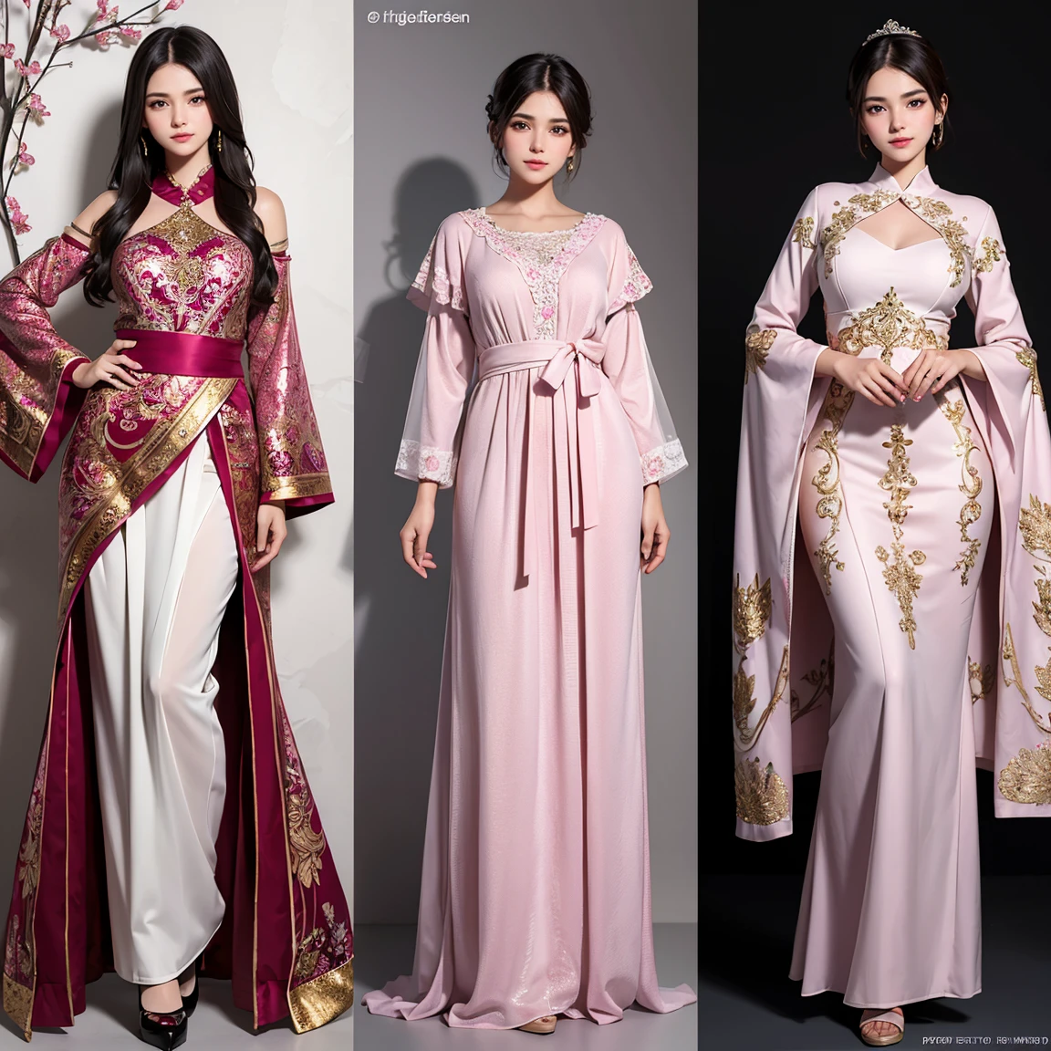 (masterpiece, best quality), ultra detailed, high resolution, 16k, the most beautiful face in the world, perfect face, delicate facial features, highly detailed beautiful face and eyes, shiny skin, highly detailed background, elaborately designed, fine cloth texture, BREAK, (gorgeous and stunning teenage girl in salon kebaya:1.2), perfect make-up, deeply in love, full of elegance, (full body:1.5), (three view drawing, front and back and side, character sheet:1.3)