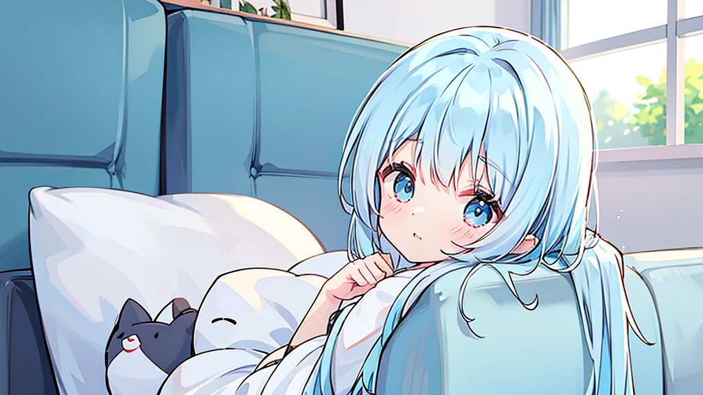 Light blue hair、Light blue eyes、Long Hair、Cute、Young、aloneの、Wearing a white dress、Sitting on the sofa、Looking at me、Face is close、alone